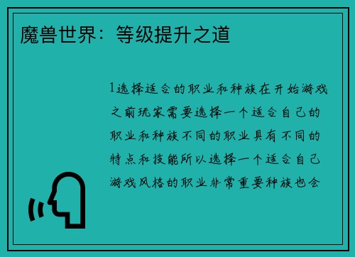 魔兽世界：等级提升之道